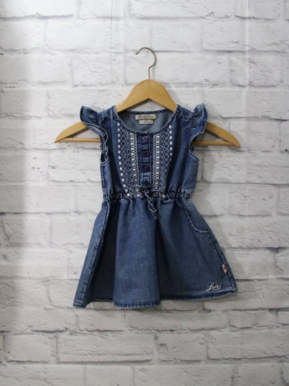 Lucky Brand Girls 2T Blue Denim Embroidered Flutter Sleeve Dress Summer Casual